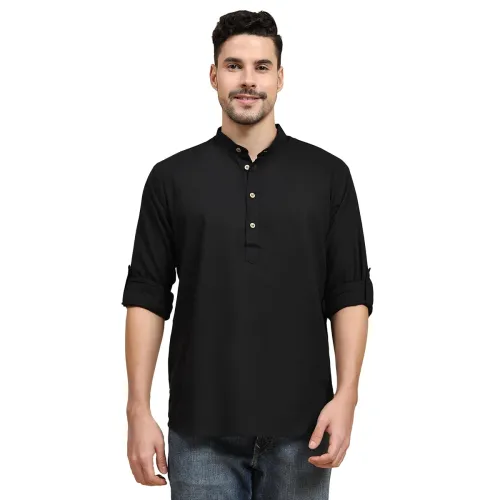 Image of SKAVIJ Men Solid Cotton Henley Kurta Shirt