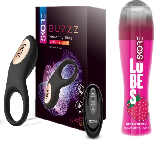 Image of SKORE Buzzz Personal Massager with Strawberry Lube