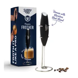 Sleepy Owl Powerful Milk Frother for Coffee | Black Color | Battery Operated Electric Frother | Stainless Steel Whisk with Frother Stand | Best for Coffee, Lattes, Milk, Hot Chocolates