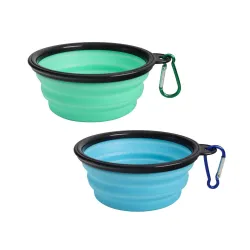 SLSON Collapsible Dog Bowl 2 Pack, Portable Silicone Pet Feeder, Foldable Expandable for Dog/Cat Food Water Feeding, Travel Bowl for Camping, Light Blue and Green,?15 cm,H_5 cm,W_5 cm