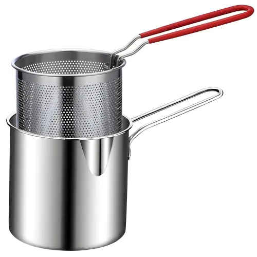 Image of Small Deep Frying with Strainer Basket, 1200 ml Stainless Steel Fry Pan