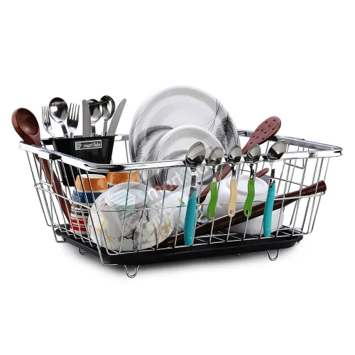 Image of SmartSlide Stainless Steel Dish Drainer Kitchen Rack with Drainer Tray Kitchen Utensils Drying Basket Dish Rack for Kitc