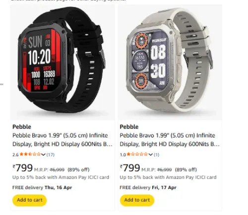 Image of Pebble Smartwatch Starting at ₹799