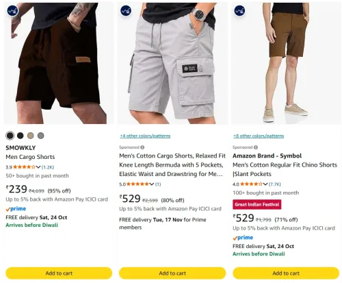 Image of SMOWKLY Men Cargo Shorts at up to 95% Discount