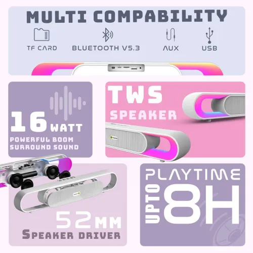 Image of SnapUp Boom X Pro Upto 8 HR Music TYPE C BOOM Sound Multi-Compatibility RGB TWS Feature 16 W Bluetooth Speaker