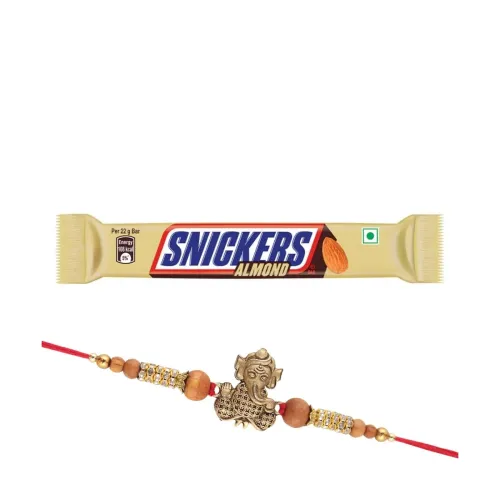 Image of Sniecker Chocolate with Cute Bal Ganesh Rakhi | Raksha Bandhan Gift Set with Rakhi, Roli Chawal & Chocolate | 21