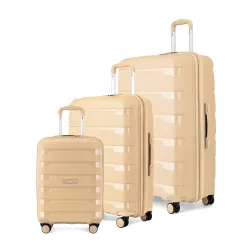 SNITCH Layer 3Pc Set Beige Polypropylene Hard Travel Suitcase - Suitcase for Travel Set of 3 & Luggage with 8 Wheels, Premium Lock, Wet & Dry Pouch & Free Shoe Bag