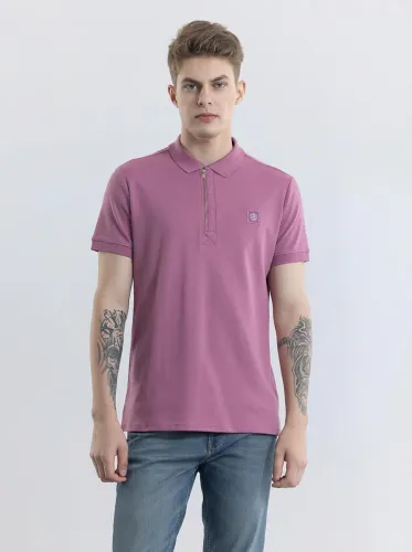 Image of Snitch Men Solid Polo Neck Pure Cotton Pink T-Shirt