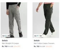 Snitch Men  Straight Fit Cargos Starting At ₹769