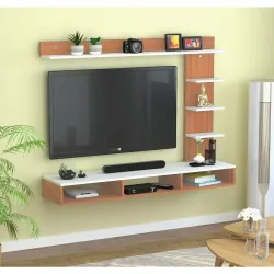 SNQ Floating Wall-Mounted TV Entertainment Unit with Open Shelves, Teak White Finish