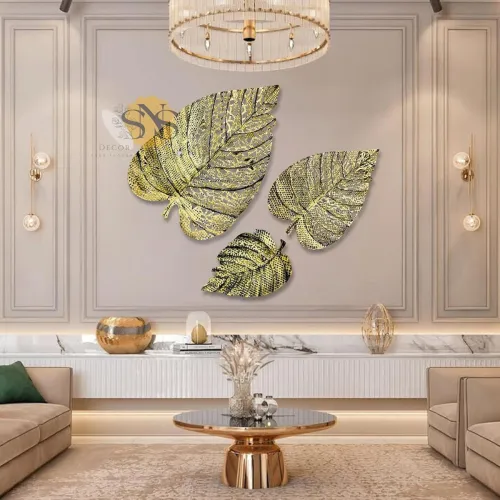Image of SNS Decor Metal Leaf Wall Art Set of 3 – Luxury Abstract Home Decor (Brass Antique)