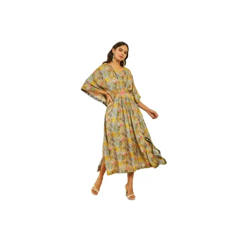 Image of Soch Womens Dark Grey Muslin Floral Foil Print V-Neck Kaftan