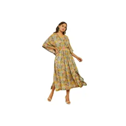 Soch Womens Dark Grey Muslin Floral Foil Print V-Neck Kaftan