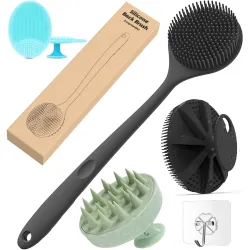 ANTILS 4-in-1 Soft Silicone Bath Brush Set | Long Handle Back Scrubber + Body Scrubber + Scalp Massager + Face Massager