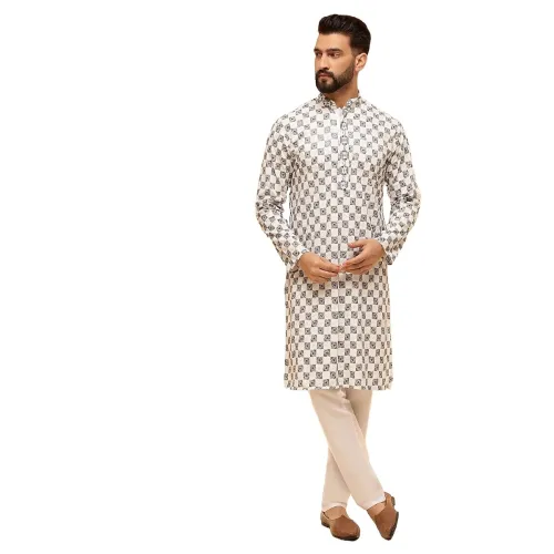 Image of SOJANYA (Since 1958 Men's Cotton Rayon Embroidered Sequinned Kurta with White Pyjama