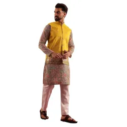 SOJANYA Mens Cotton Silk Multi color Kurta & White Pyjama Embroidered Jacket