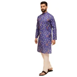 SOJANYA Men's Multicolor Green Artistic Geometric Print Ethnic Wear Cotton Kurta