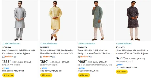 Image of SOJANYA Men's Kurta Uptpo 90% Off