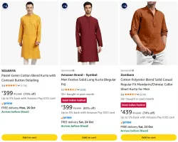 SOJANYA Mens Cotton Regular Fit Solid Regular Kurta at minimum 70% Discount