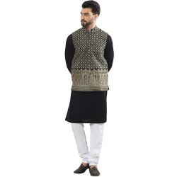 SOJANYA (Since 1958 Men's Cotton Linen Maroon Kurta and White Pyjama with Mustard Cotton Nehru Jacket