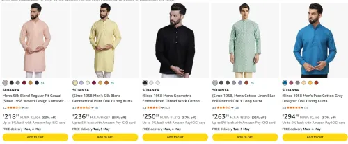 Image of SOJANYA Men's Kurta at minimum 85% Discount