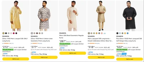 Image of SOJANYA Men's Kurta at minimum 90% Discount