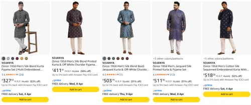 Image of SOJANYA Men's Kurta at minimum 90% Discount