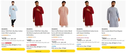 Image of SOJANYA Men's Kurta upto 92% Discount