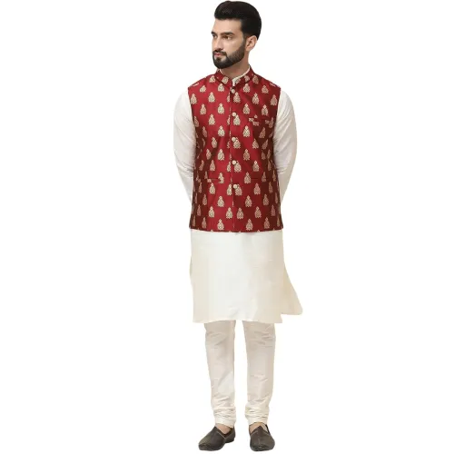 Image of SOJANYA (Since 1958 Men's Silk Blend Kurta Pyjama With Nehrujacket Set