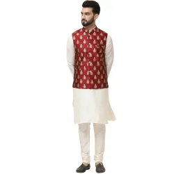 SOJANYA (Since 1958 Mens Silk Blend Kurta Pyjama With Nehrujacket Set