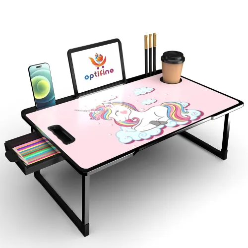 Image of SOLAIM Foldable Wooden Mini Laptop Table for Bed, Study Table with Drawer, Tablet/Mobile Holder for Kids & Adults-> (