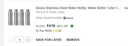 Image of Solara 4Pcs Steel Bottle 1L 