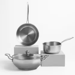 SOLARA Sterra Stainless Steel Cookware Set of 3, Frying Pan 22cm(1.7L) +Kadai with Lid 22cm (2.3L) +Sauce Pan 16cm(1.7L)