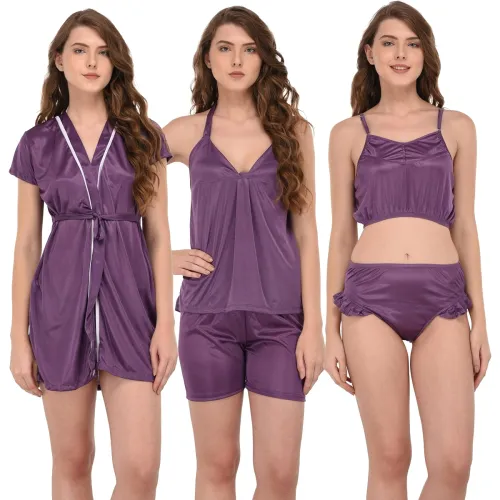 Image of Solid Satin 5-Piece Nightwear Set for Women