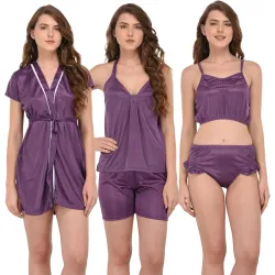 Solid Satin 5 Piece Nightwear /Nighty Set | Attractive & Stylish | (1 Robe,1 Top & Shorts, 1 Bra and Panty Set) for Women