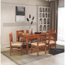 Solid Sheesham Wood Dining Table Set 6 Seater Six Seater Dining Table with 6 Cushions Chair