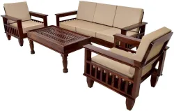 Solid Sheesham Wood Five Seater Sofa Set For Living Room/ Hotel/ Office | Fabric 3 + 1 + 1 Sofa Set (Natural Finish Desi