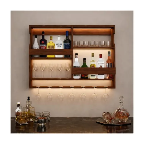 Image of Solid Sheesham Wood Wall Mounted Wine Rack & Mini Bar Cabinet with Glass Holder