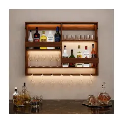 Solid Sheesham Wood Wall Mounted Wine Rack & Mini Bar Cabinet with Glass Holder
