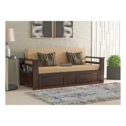 Solid Sheesham Wooden Sofa Cums Bed with Mattresses for Living Room|Rosewood 3-Person Sofa Cums Bed for Bedroom Without Pillow (G-Walnut Finish)