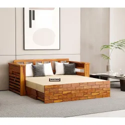 Solid Sheesham Wooden Sofa Cums Bed with Mattresses for Living Room|Rosewood 3-Person Sofa Cums Bed for Bedroom Without Pillow (I-Natural, 3 Seater)