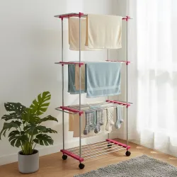 Solimo 3-Layer White and Pink Plastic Cloth Drying Stand