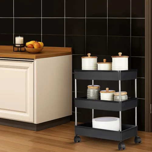 Image of Solimo 3-Tier Stainless Steel Kitchen Trolley Rack – Black