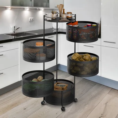 Image of Amazon Brand - Solimo 360° Revolving Preassembled Portable 5 Layer Round Multipurpose Storage Kitchen Rack Carbon Steel 