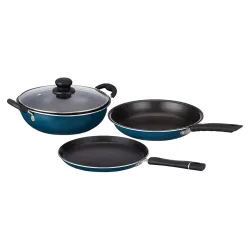 Amazon Brand - Solimo Aluminium – 3 Pcs Non Stick Cookware Sets, Tawa 25 Cm, Kadhai 24 Cm with Glass Lid, Fry Pan 24 Cm 