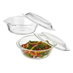 Amazon Brand - Solimo Set of 2 Borosilicate Glass Casserole-Cum-Serving Bowl with Lid | Microwave & Oven Safe| Deep Roun