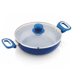 Amazon Brand - Solimo Blue Ceramic Non Stick Induction Base Deep Kadai 24Cm with Glass Lid