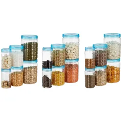 Amazon Brand - Solimo Checkered Jar Container Set, 18 Pieces (6 x 250 ml, 6 x 500 ml, 6 x 1000 ml), Blue | Kitchen Organ