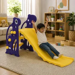Amazon Brand – Solimo Dolphin 2-in-1 Garden Slide for Kids with Basketball Hoop & Ball | Medium | Indoor & Outdoor | Safe for Boys & Girls | Age 2-3 Years | Easy Assembly | Purple & Yellow