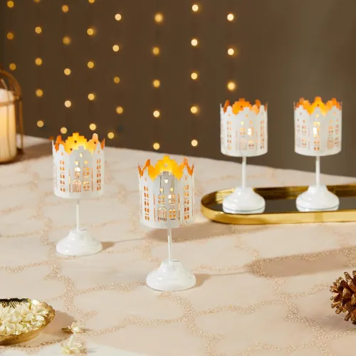 Image of Amazon Brand - Solimo Tea Light Votive Stand – House Design, White Iron with Gold Interior, Set of 4 (Size: L-6 cm x W-6